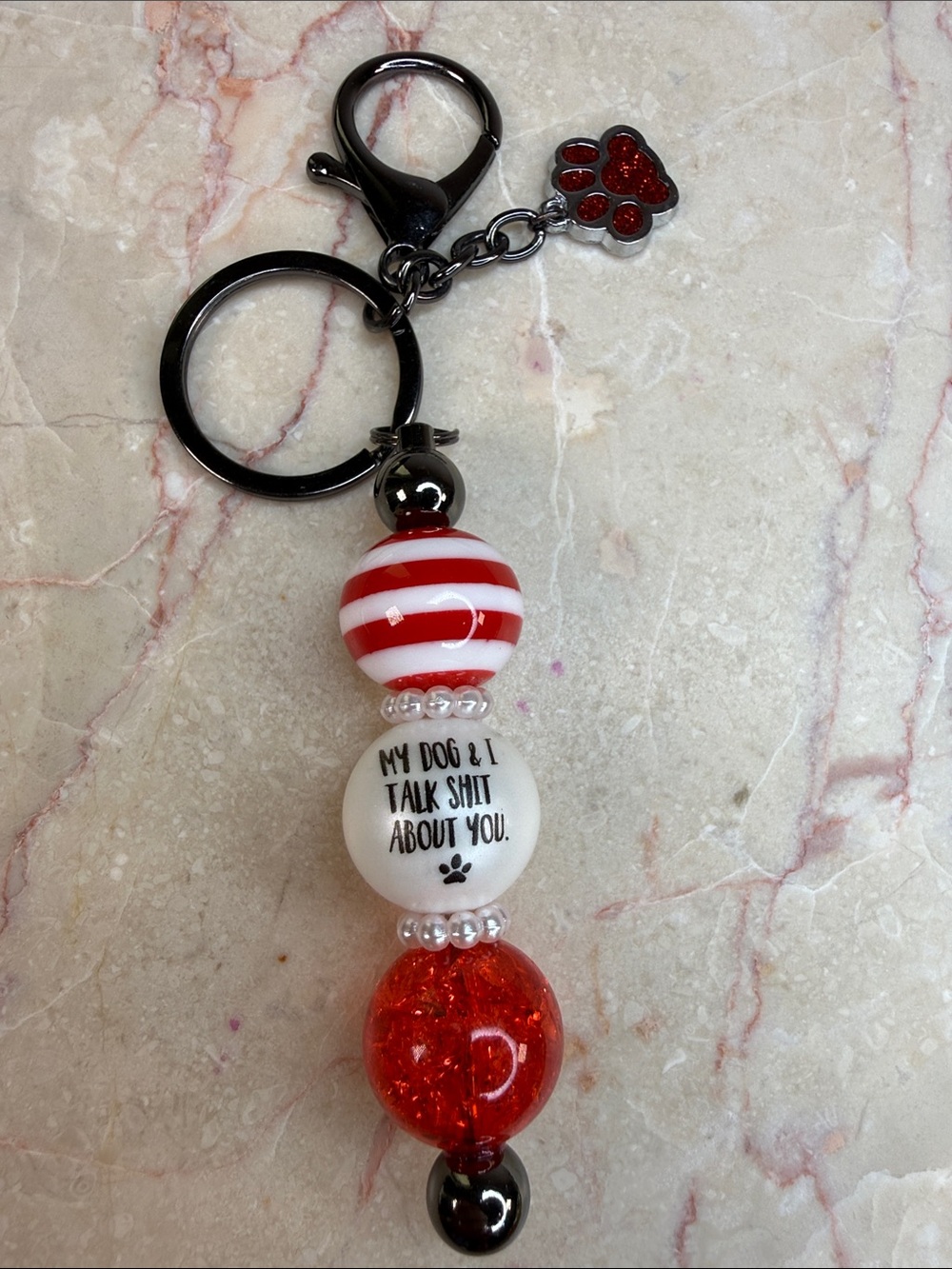 Red & White Dog-Themed Beaded Keychain - My Dog & I